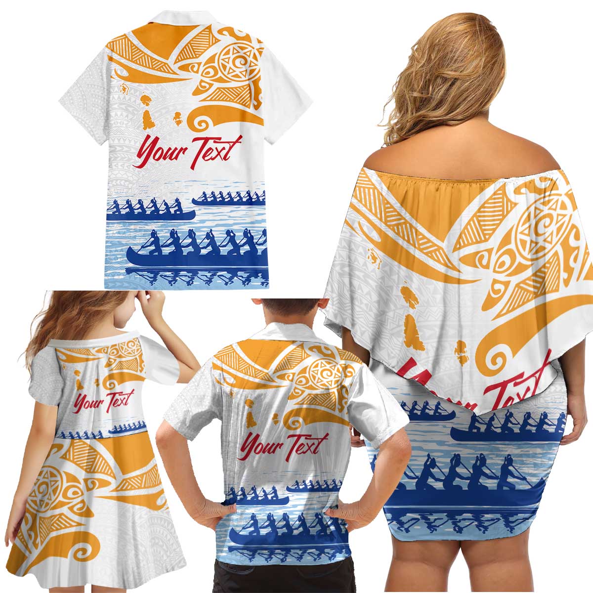 Personalised Hawaiki Nui Va'a French Polynesian Pattern Family Matching Off Shoulder Short Dress and Hawaiian Shirt White Color LT03 - Polynesian Pride