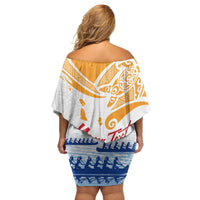 Personalised Hawaiki Nui Va'a French Polynesian Pattern Family Matching Off Shoulder Short Dress and Hawaiian Shirt White Color LT03 - Polynesian Pride