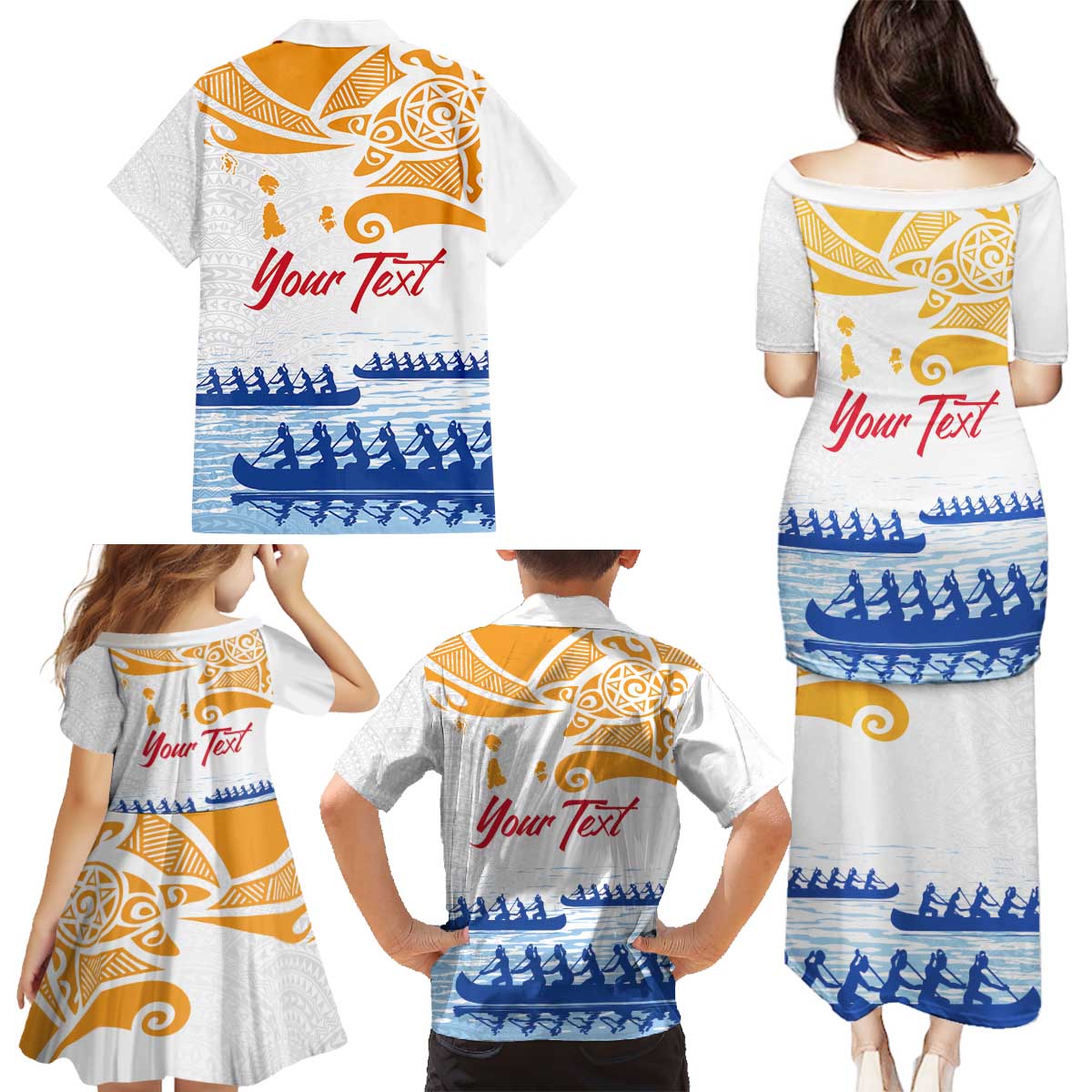Personalised Hawaiki Nui Va'a French Polynesian Pattern Family Matching Puletasi and Hawaiian Shirt White Color LT03 - Polynesian Pride