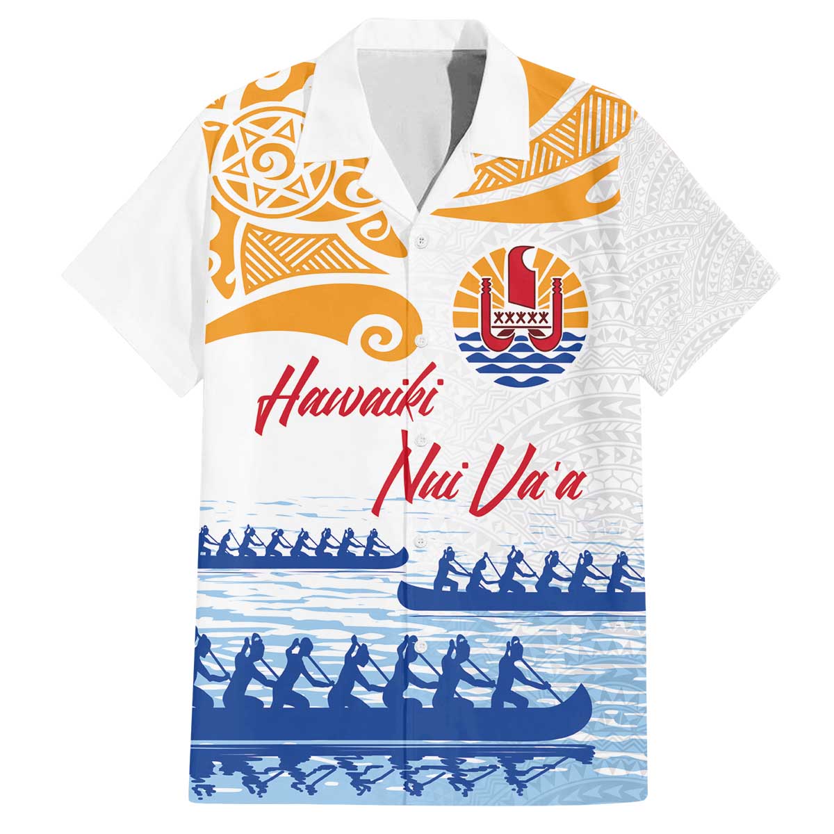 Personalised Hawaiki Nui Va'a French Polynesian Pattern Family Matching Puletasi and Hawaiian Shirt White Color LT03 Dad's Shirt - Short Sleeve White - Polynesian Pride