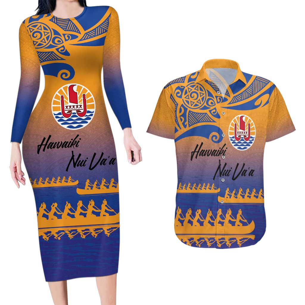 Personalised Hawaiki Nui Va'a French Polynesian Pattern Couples Matching Long Sleeve Bodycon Dress and Hawaiian Shirt Sunset Color LT03 Yellow - Polynesian Pride