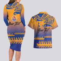 Personalised Hawaiki Nui Va'a French Polynesian Pattern Couples Matching Long Sleeve Bodycon Dress and Hawaiian Shirt Sunset Color LT03 - Polynesian Pride
