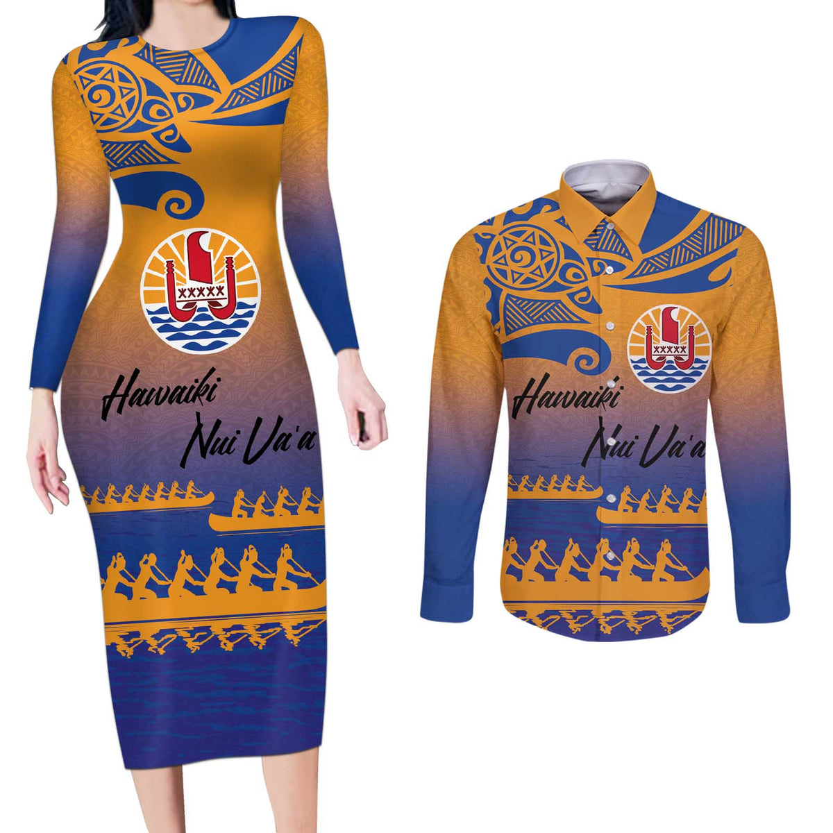Personalised Hawaiki Nui Va'a French Polynesian Pattern Couples Matching Long Sleeve Bodycon Dress and Long Sleeve Button Shirt Sunset Color LT03 Yellow - Polynesian Pride