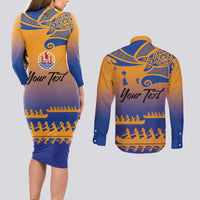 Personalised Hawaiki Nui Va'a French Polynesian Pattern Couples Matching Long Sleeve Bodycon Dress and Long Sleeve Button Shirt Sunset Color LT03 - Polynesian Pride