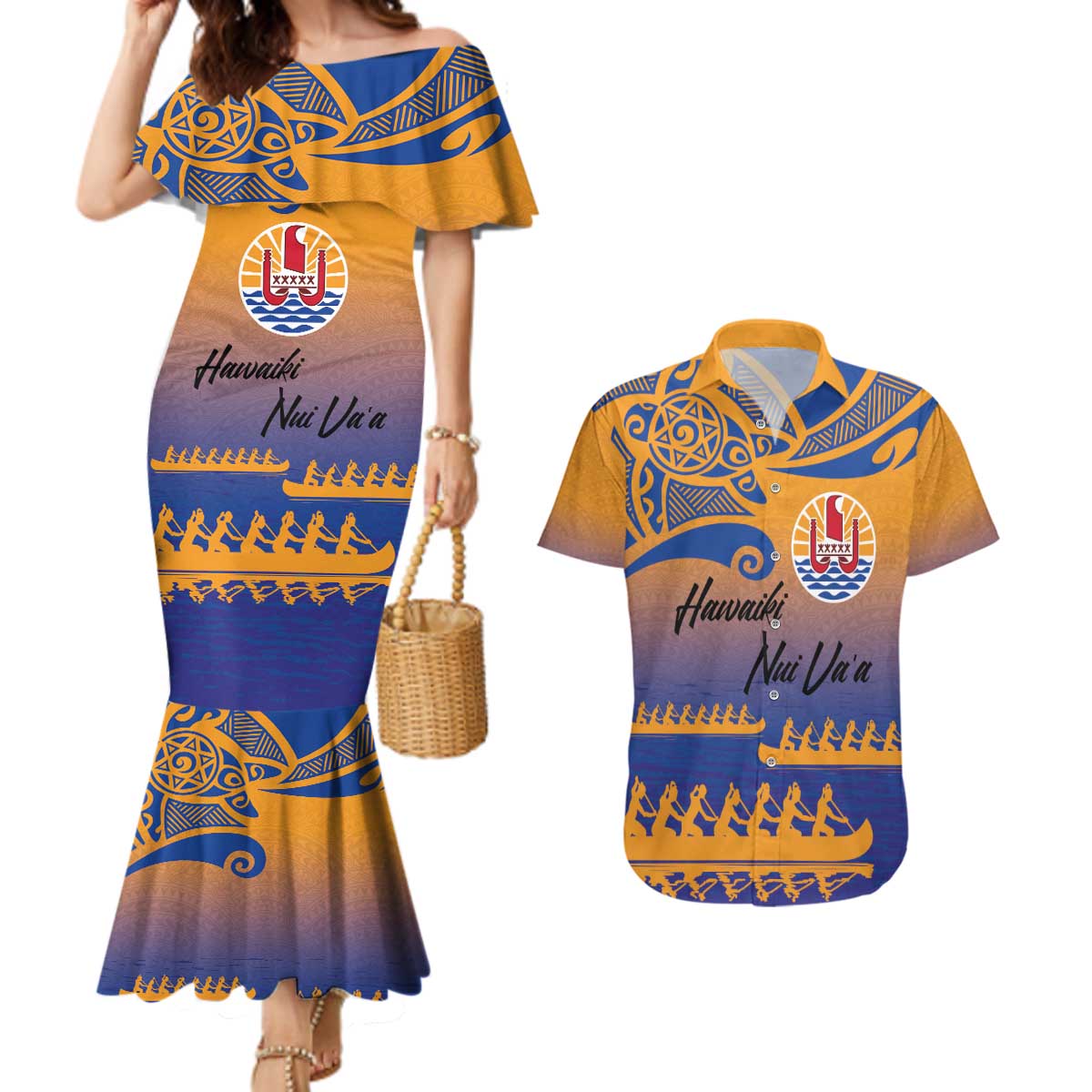 Personalised Hawaiki Nui Va'a French Polynesian Pattern Couples Matching Mermaid Dress and Hawaiian Shirt Sunset Color LT03 Yellow - Polynesian Pride