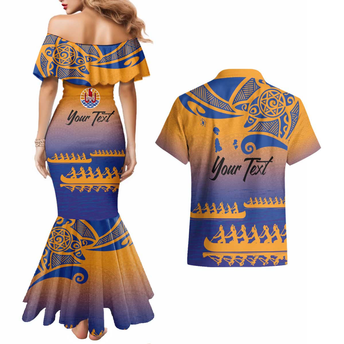 Personalised Hawaiki Nui Va'a French Polynesian Pattern Couples Matching Mermaid Dress and Hawaiian Shirt Sunset Color LT03 - Polynesian Pride