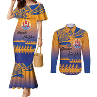 Personalised Hawaiki Nui Va'a French Polynesian Pattern Couples Matching Mermaid Dress and Long Sleeve Button Shirt Sunset Color LT03 Yellow - Polynesian Pride