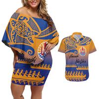 Personalised Hawaiki Nui Va'a French Polynesian Pattern Couples Matching Off Shoulder Short Dress and Hawaiian Shirt Sunset Color LT03 Yellow - Polynesian Pride