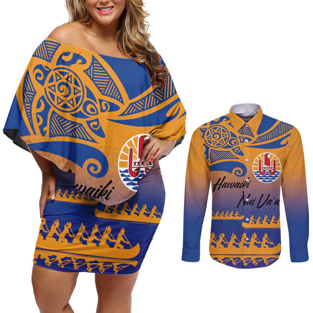 Personalised Hawaiki Nui Va'a French Polynesian Pattern Couples Matching Off Shoulder Short Dress and Long Sleeve Button Shirt Sunset Color LT03 Yellow - Polynesian Pride