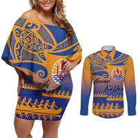 Personalised Hawaiki Nui Va'a French Polynesian Pattern Couples Matching Off Shoulder Short Dress and Long Sleeve Button Shirt Sunset Color LT03 Yellow - Polynesian Pride