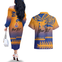 Personalised Hawaiki Nui Va'a French Polynesian Pattern Couples Matching Off The Shoulder Long Sleeve Dress and Hawaiian Shirt Sunset Color LT03 - Polynesian Pride