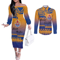 Personalised Hawaiki Nui Va'a French Polynesian Pattern Couples Matching Off The Shoulder Long Sleeve Dress and Long Sleeve Button Shirt Sunset Color LT03 Yellow - Polynesian Pride