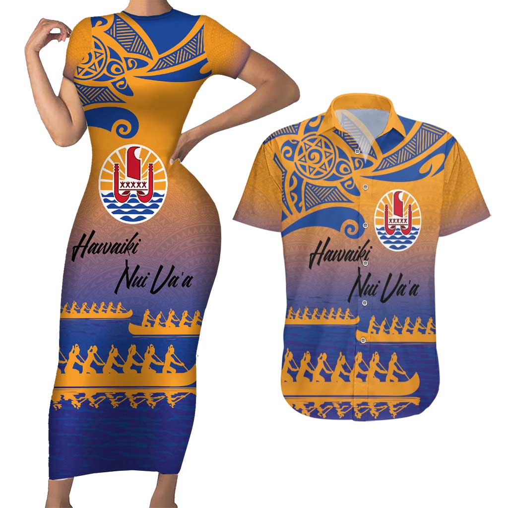Personalised Hawaiki Nui Va'a French Polynesian Pattern Couples Matching Short Sleeve Bodycon Dress and Hawaiian Shirt Sunset Color LT03 Yellow - Polynesian Pride