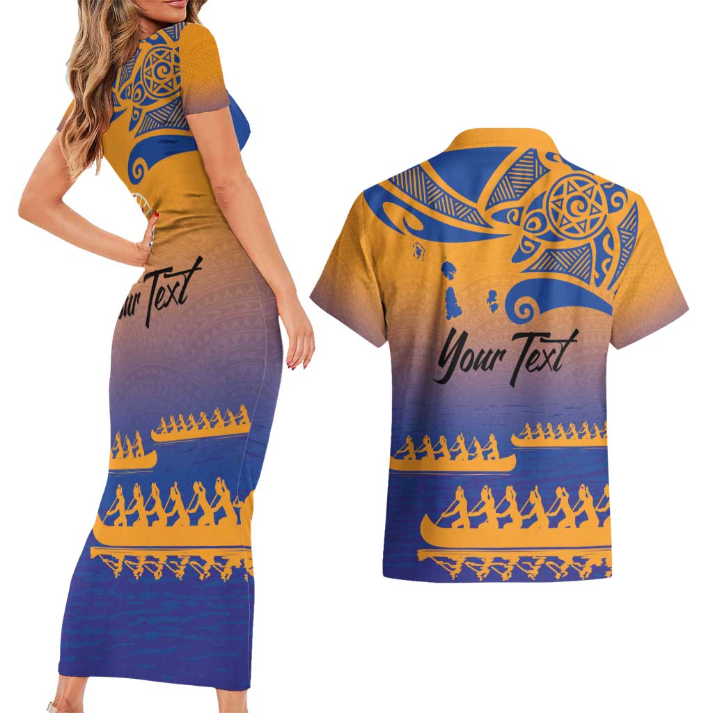 Personalised Hawaiki Nui Va'a French Polynesian Pattern Couples Matching Short Sleeve Bodycon Dress and Hawaiian Shirt Sunset Color LT03 - Polynesian Pride