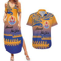Personalised Hawaiki Nui Va'a French Polynesian Pattern Couples Matching Summer Maxi Dress and Hawaiian Shirt Sunset Color LT03 Yellow - Polynesian Pride
