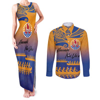 Personalised Hawaiki Nui Va'a French Polynesian Pattern Couples Matching Tank Maxi Dress and Long Sleeve Button Shirt Sunset Color LT03 Yellow - Polynesian Pride