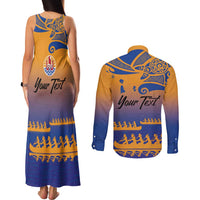 Personalised Hawaiki Nui Va'a French Polynesian Pattern Couples Matching Tank Maxi Dress and Long Sleeve Button Shirt Sunset Color LT03 - Polynesian Pride