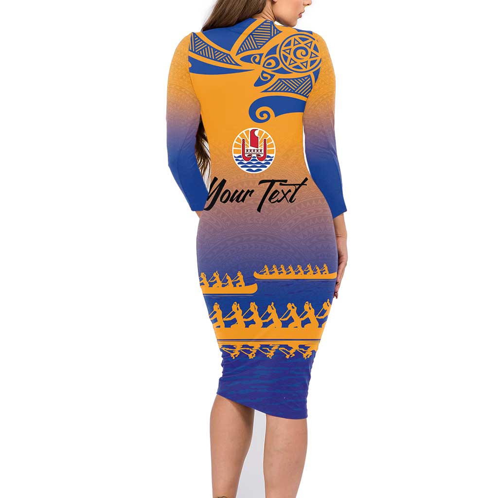 Personalised Hawaiki Nui Va'a French Polynesian Pattern Family Matching Long Sleeve Bodycon Dress and Hawaiian Shirt Sunset Color LT03 - Polynesian Pride