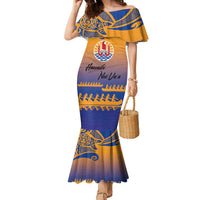 Personalised Hawaiki Nui Va'a French Polynesian Pattern Family Matching Mermaid Dress and Hawaiian Shirt Sunset Color LT03 Mom's Dress Yellow - Polynesian Pride