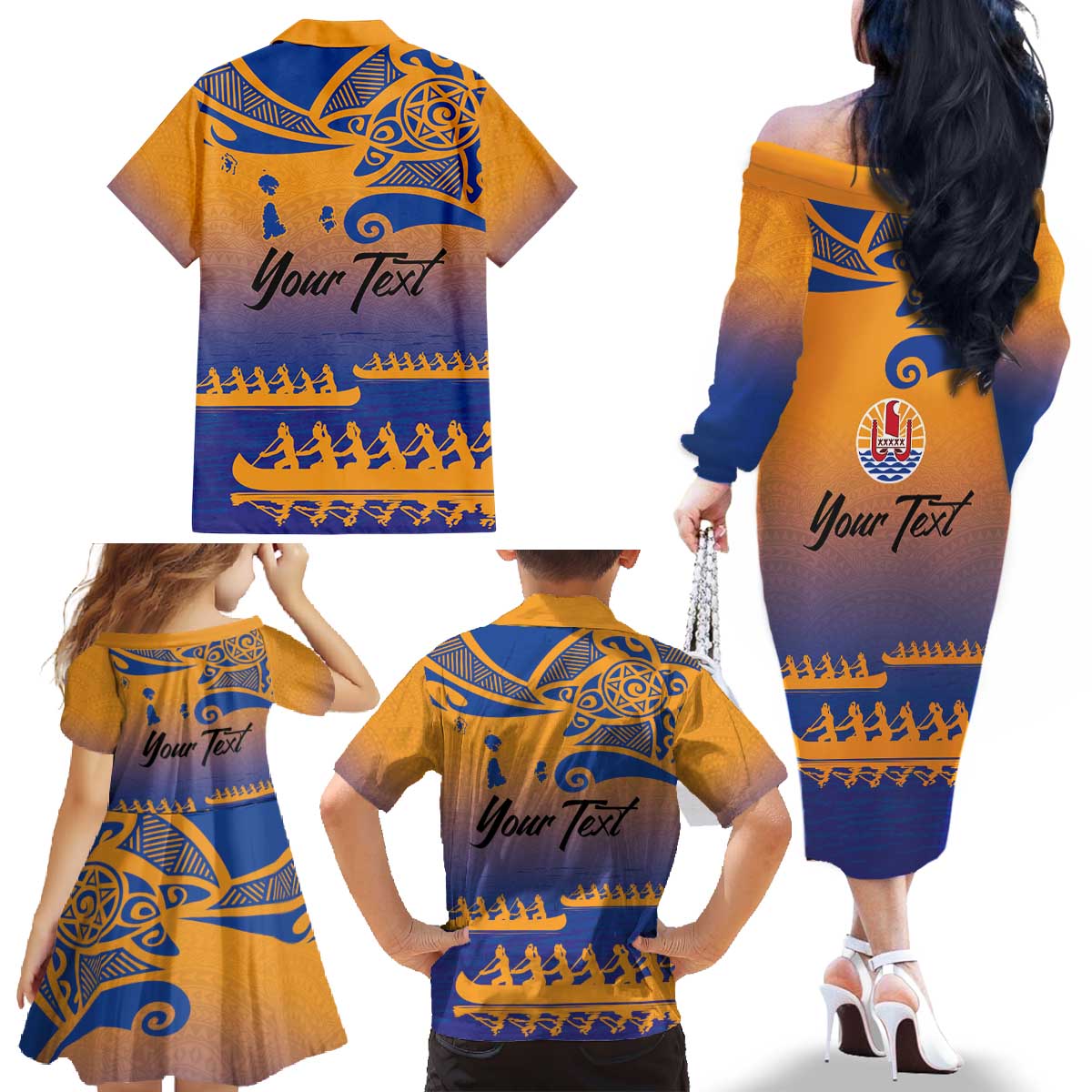 Personalised Hawaiki Nui Va'a French Polynesian Pattern Family Matching Off The Shoulder Long Sleeve Dress and Hawaiian Shirt Sunset Color LT03 - Polynesian Pride