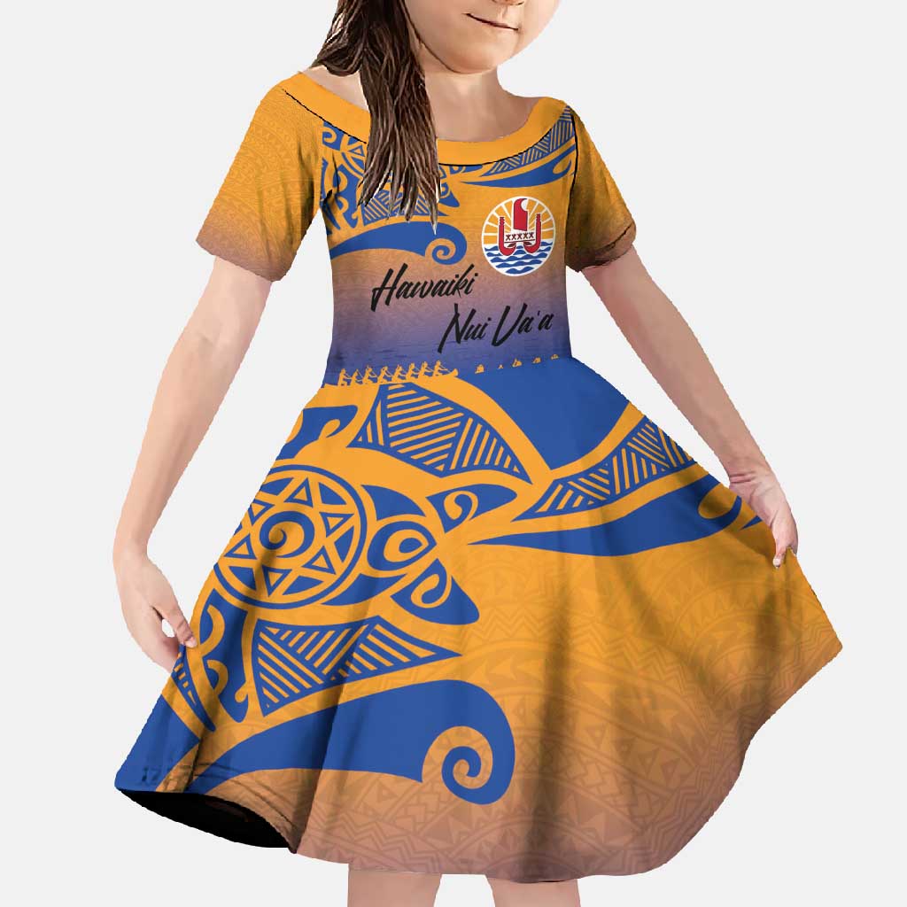 Personalised Hawaiki Nui Va'a French Polynesian Pattern Family Matching Off Shoulder Maxi Dress and Hawaiian Shirt Sunset Color LT03 Daughter's Dress Yellow - Polynesian Pride