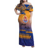 Personalised Hawaiki Nui Va'a French Polynesian Pattern Family Matching Off Shoulder Maxi Dress and Hawaiian Shirt Sunset Color LT03 Mom's Dress Yellow - Polynesian Pride