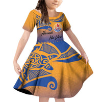 Personalised Hawaiki Nui Va'a French Polynesian Pattern Family Matching Off Shoulder Short Dress and Hawaiian Shirt Sunset Color LT03 Daughter's Dress Yellow - Polynesian Pride