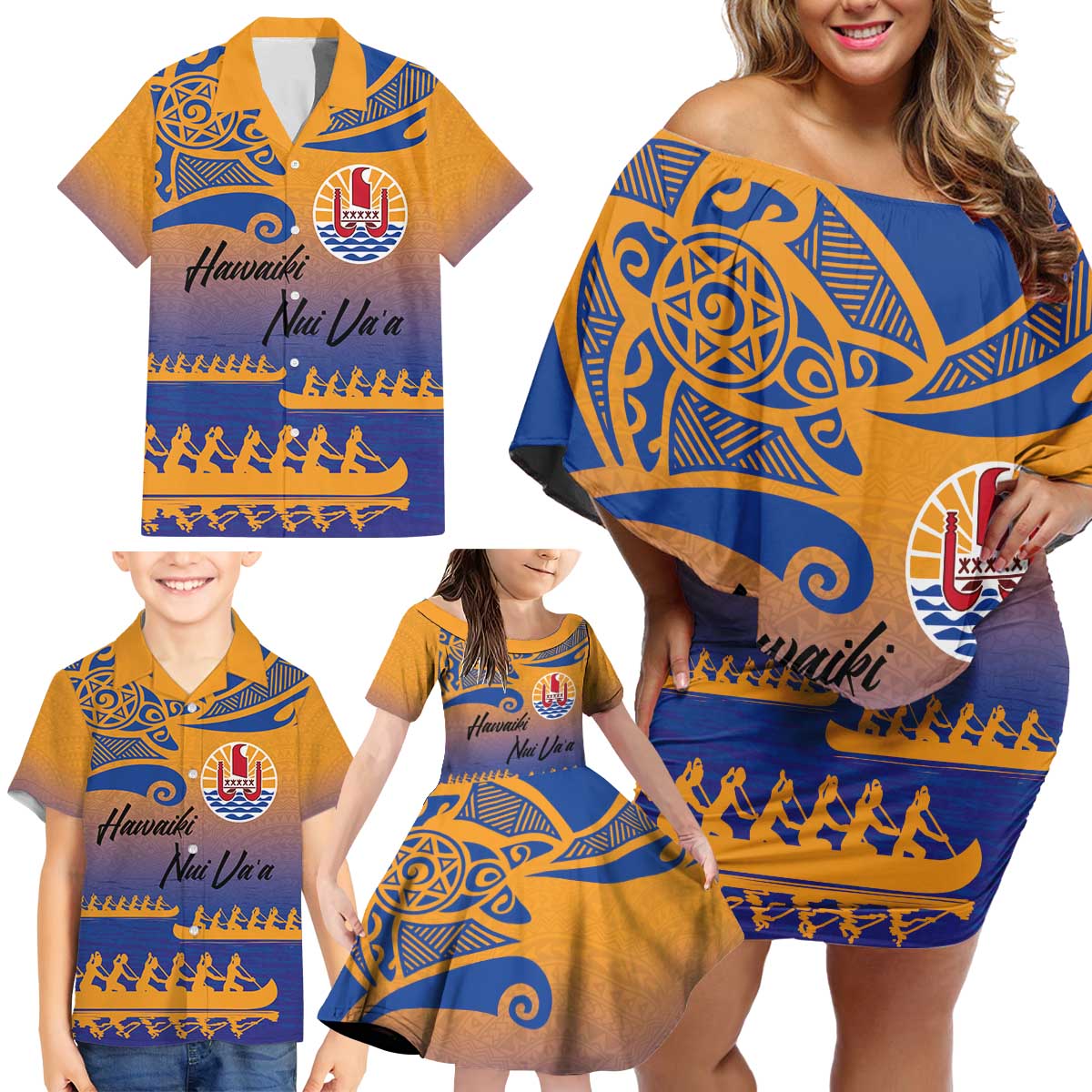 Personalised Hawaiki Nui Va'a French Polynesian Pattern Family Matching Off Shoulder Short Dress and Hawaiian Shirt Sunset Color LT03 - Polynesian Pride