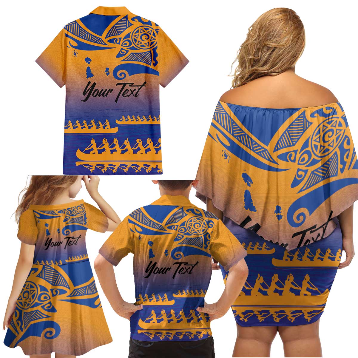 Personalised Hawaiki Nui Va'a French Polynesian Pattern Family Matching Off Shoulder Short Dress and Hawaiian Shirt Sunset Color LT03 - Polynesian Pride