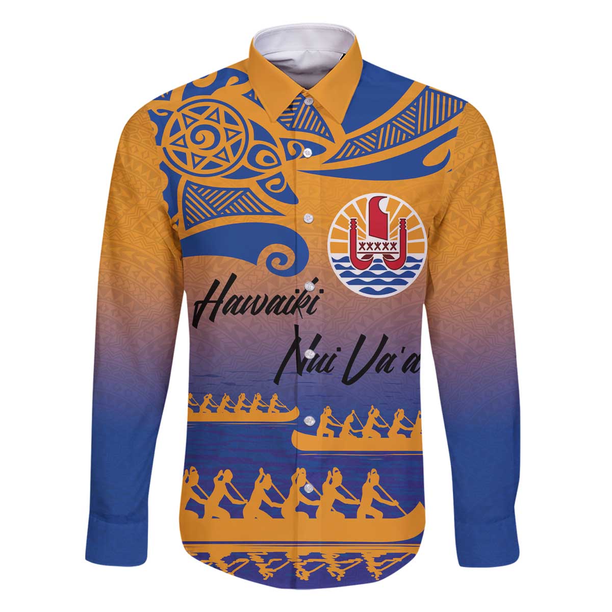 Personalised Hawaiki Nui Va'a French Polynesian Pattern Family Matching Off Shoulder Short Dress and Hawaiian Shirt Sunset Color LT03 Dad's Shirt - Long Sleeve Yellow - Polynesian Pride