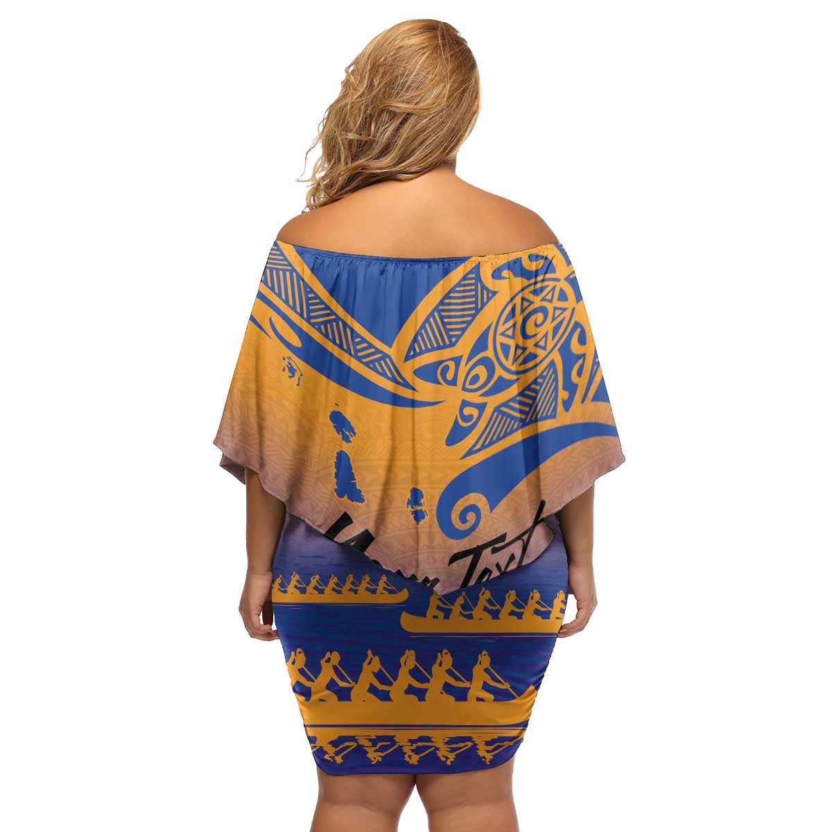 Personalised Hawaiki Nui Va'a French Polynesian Pattern Family Matching Off Shoulder Short Dress and Hawaiian Shirt Sunset Color LT03 - Polynesian Pride