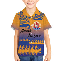 Personalised Hawaiki Nui Va'a French Polynesian Pattern Family Matching Off Shoulder Short Dress and Hawaiian Shirt Sunset Color LT03 Son's Shirt Yellow - Polynesian Pride