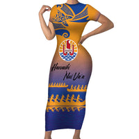Personalised Hawaiki Nui Va'a French Polynesian Pattern Family Matching Short Sleeve Bodycon Dress and Hawaiian Shirt Sunset Color LT03 Mom's Dress Yellow - Polynesian Pride