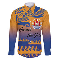 Personalised Hawaiki Nui Va'a French Polynesian Pattern Family Matching Summer Maxi Dress and Hawaiian Shirt Sunset Color LT03 Dad's Shirt - Long Sleeve Yellow - Polynesian Pride