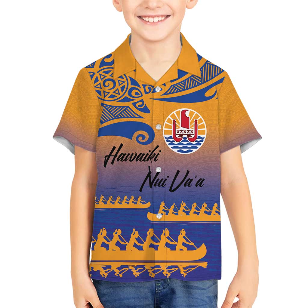 Personalised Hawaiki Nui Va'a French Polynesian Pattern Family Matching Summer Maxi Dress and Hawaiian Shirt Sunset Color LT03 Son's Shirt Yellow - Polynesian Pride