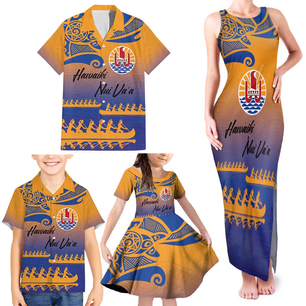 Personalised Hawaiki Nui Va'a French Polynesian Pattern Family Matching Tank Maxi Dress and Hawaiian Shirt Sunset Color LT03 - Polynesian Pride