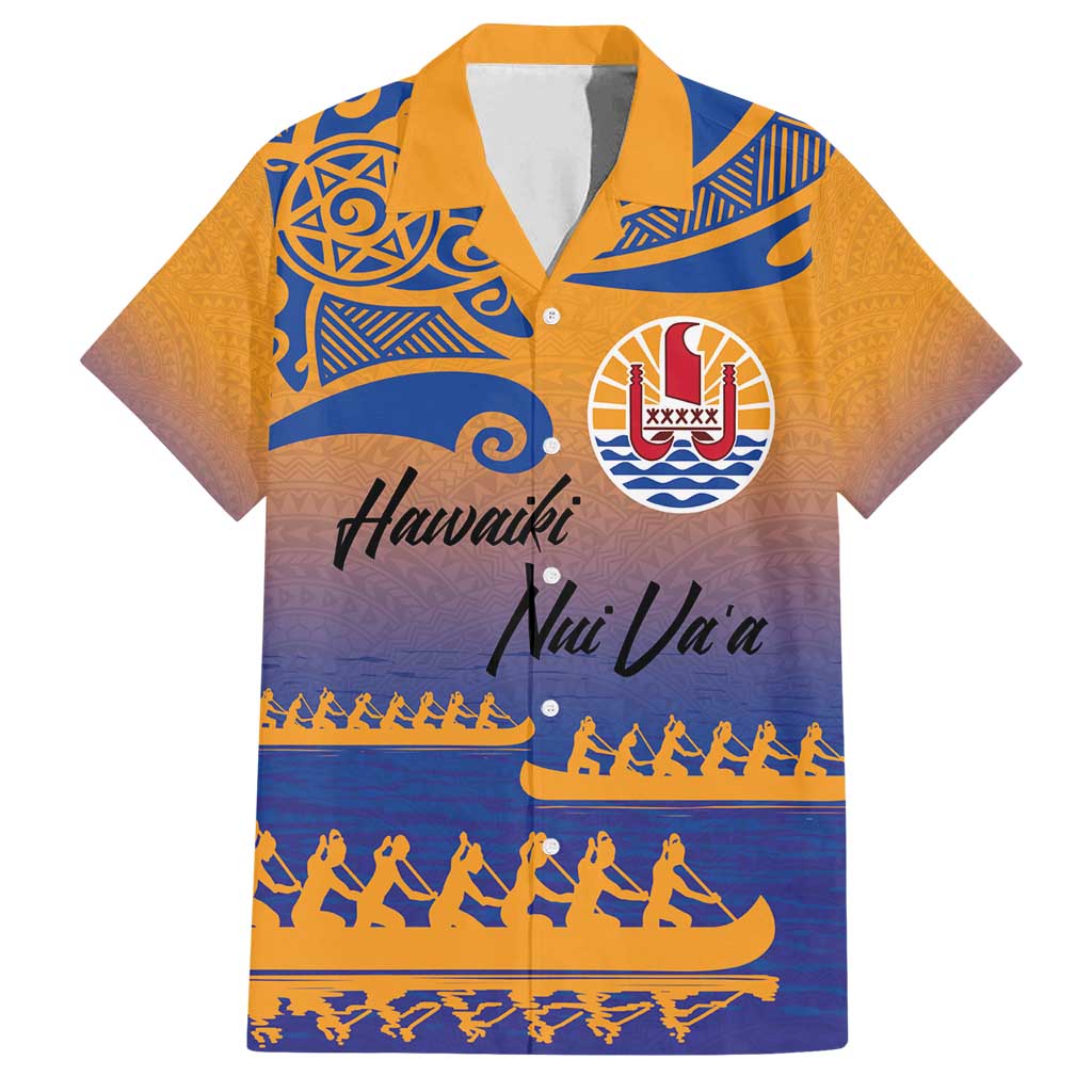 Personalised Hawaiki Nui Va'a French Polynesian Pattern Family Matching Tank Maxi Dress and Hawaiian Shirt Sunset Color LT03 Dad's Shirt - Short Sleeve Yellow - Polynesian Pride