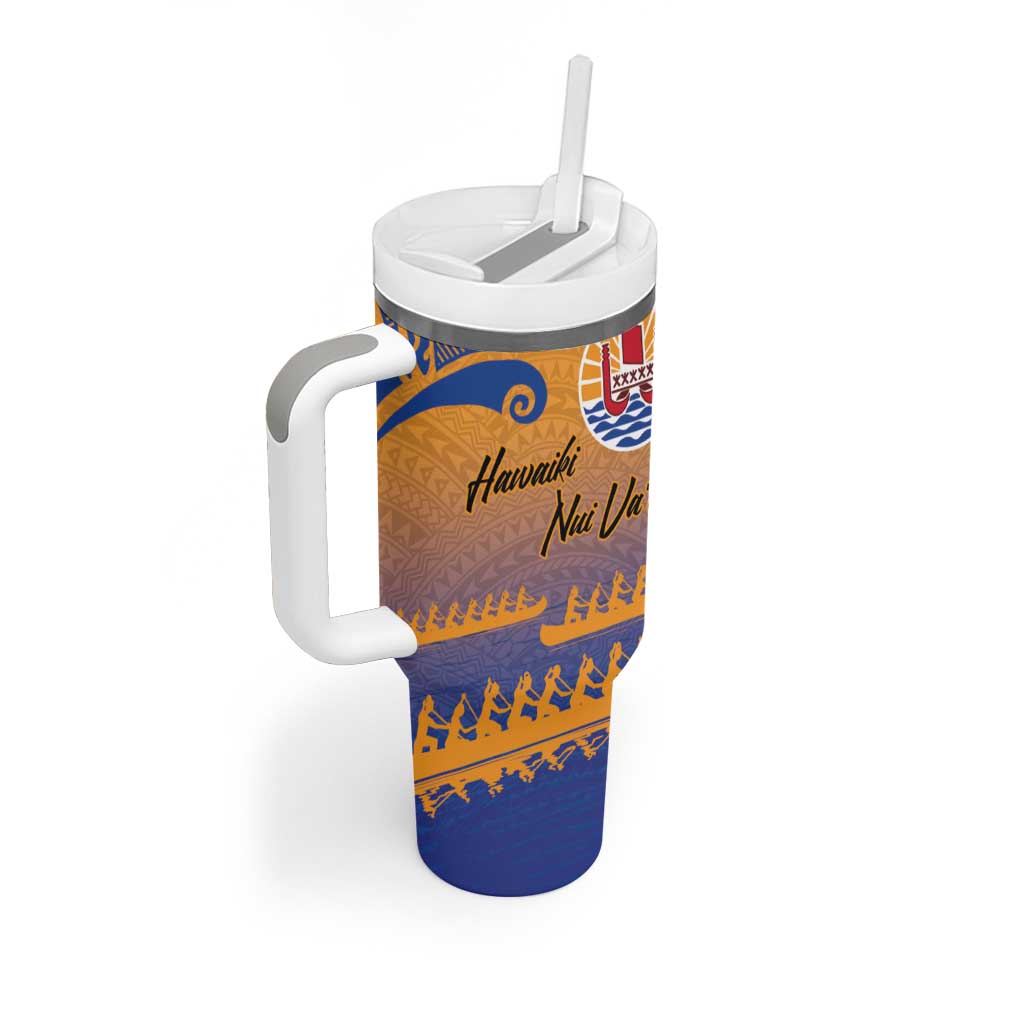 Personalised Hawaiki Nui Va'a French Polynesian Pattern Tumbler With Handle Sunset Color