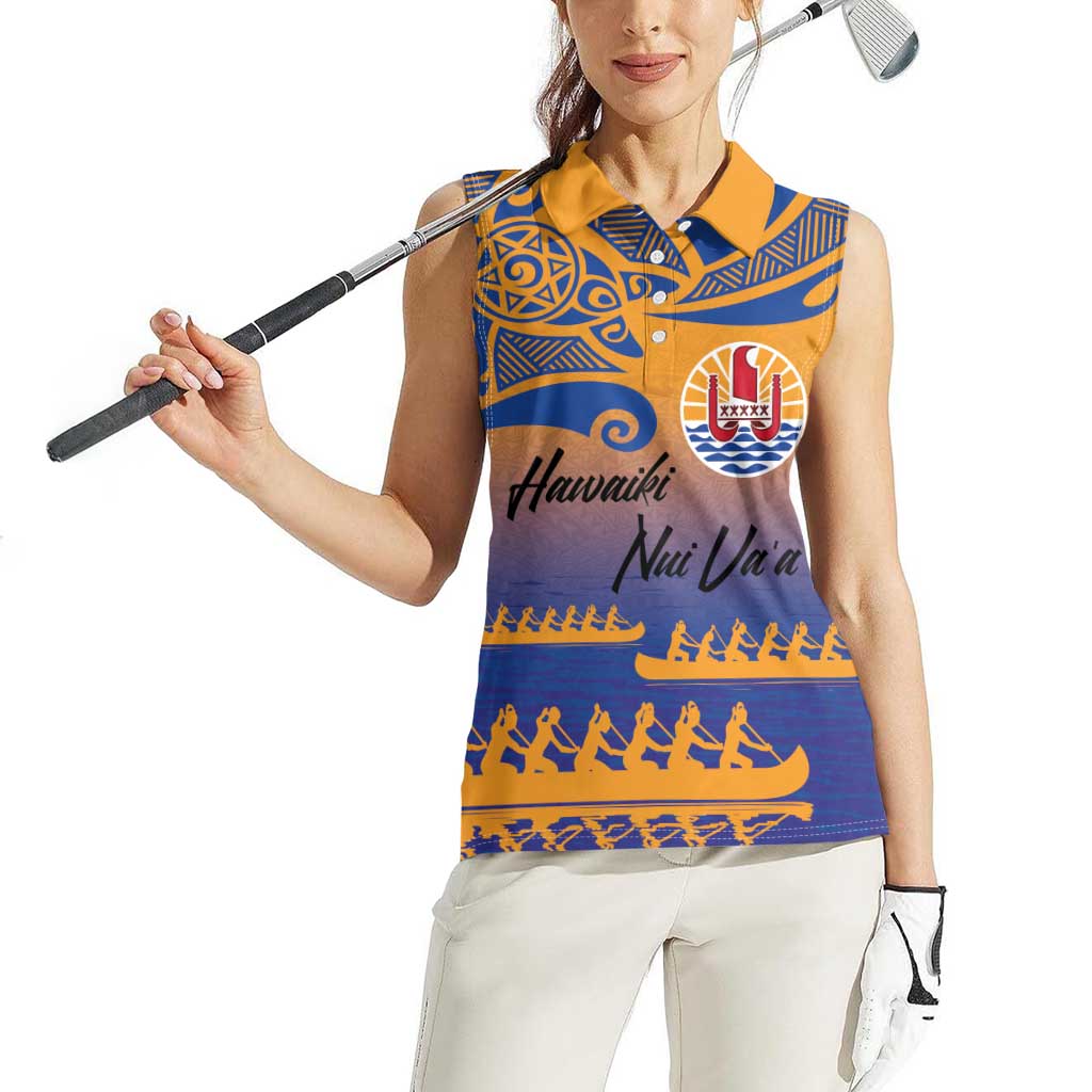 Personalised Hawaiki Nui Va'a French Polynesian Pattern Women Sleeveless Polo Shirt Sunset Color LT03 - Polynesian Pride