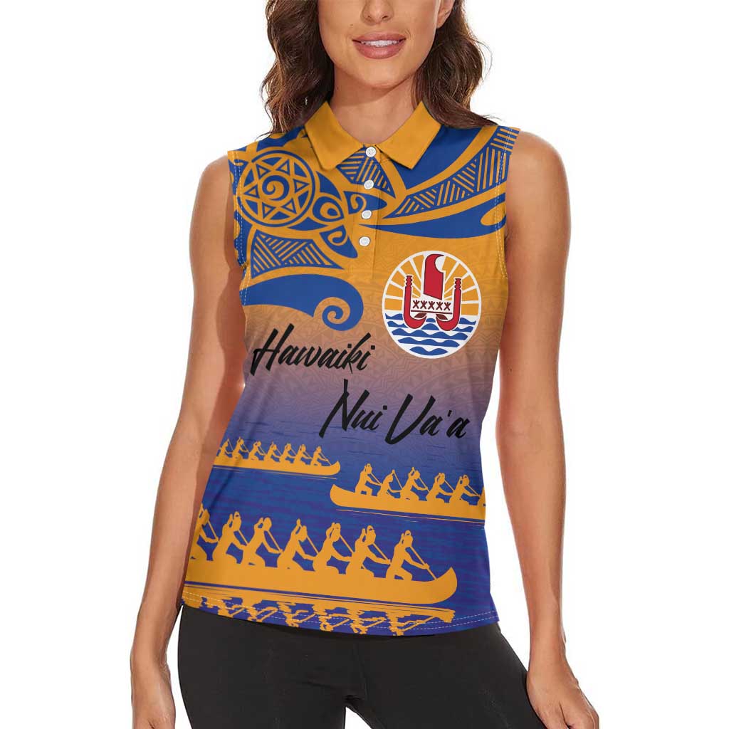 Personalised Hawaiki Nui Va'a French Polynesian Pattern Women Sleeveless Polo Shirt Sunset Color LT03 - Polynesian Pride