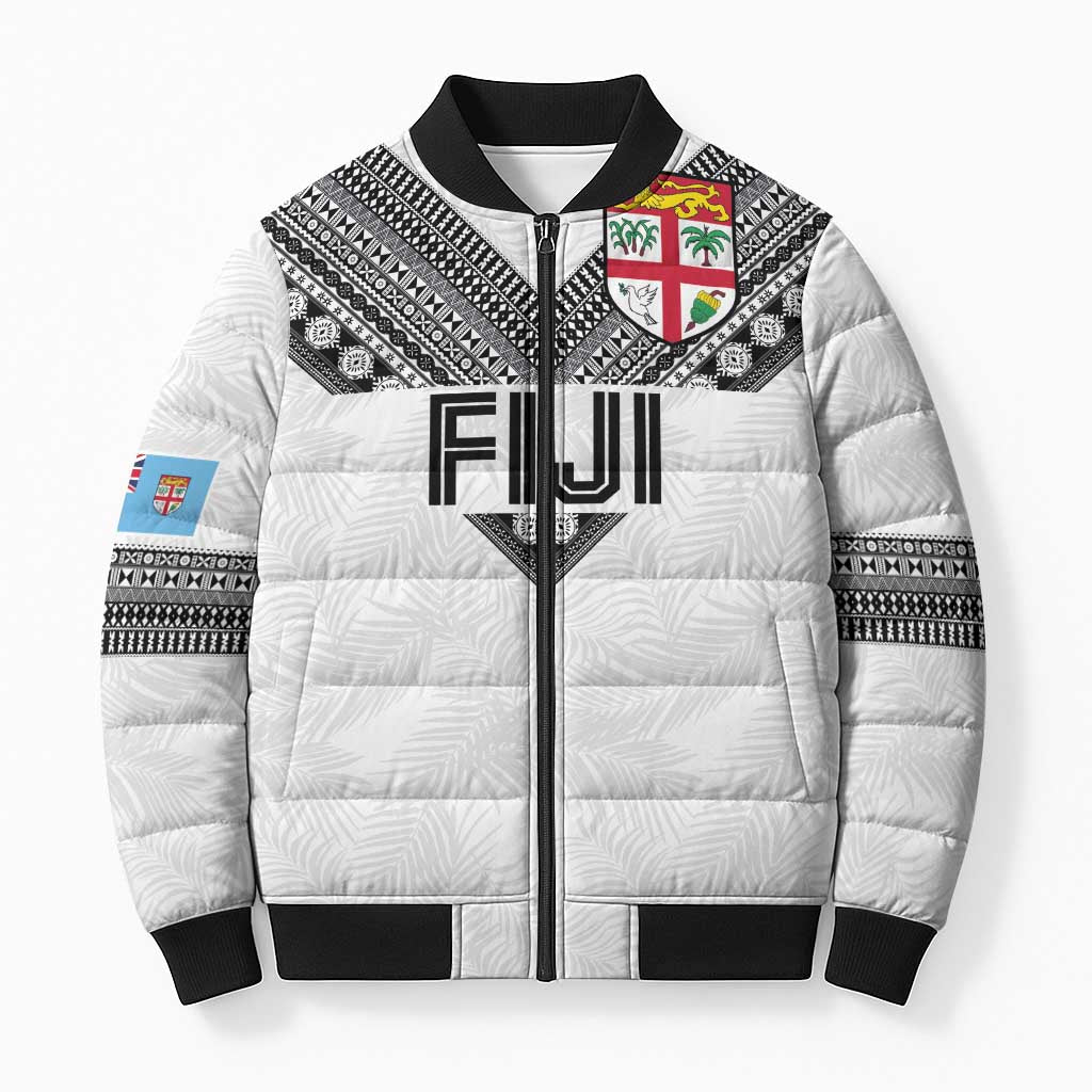 Custom Rugby Fiji Bomber Puffer Jacket Fijian Masi Tribal Sporty Style White Color LT03 Unisex White - Polynesian Pride