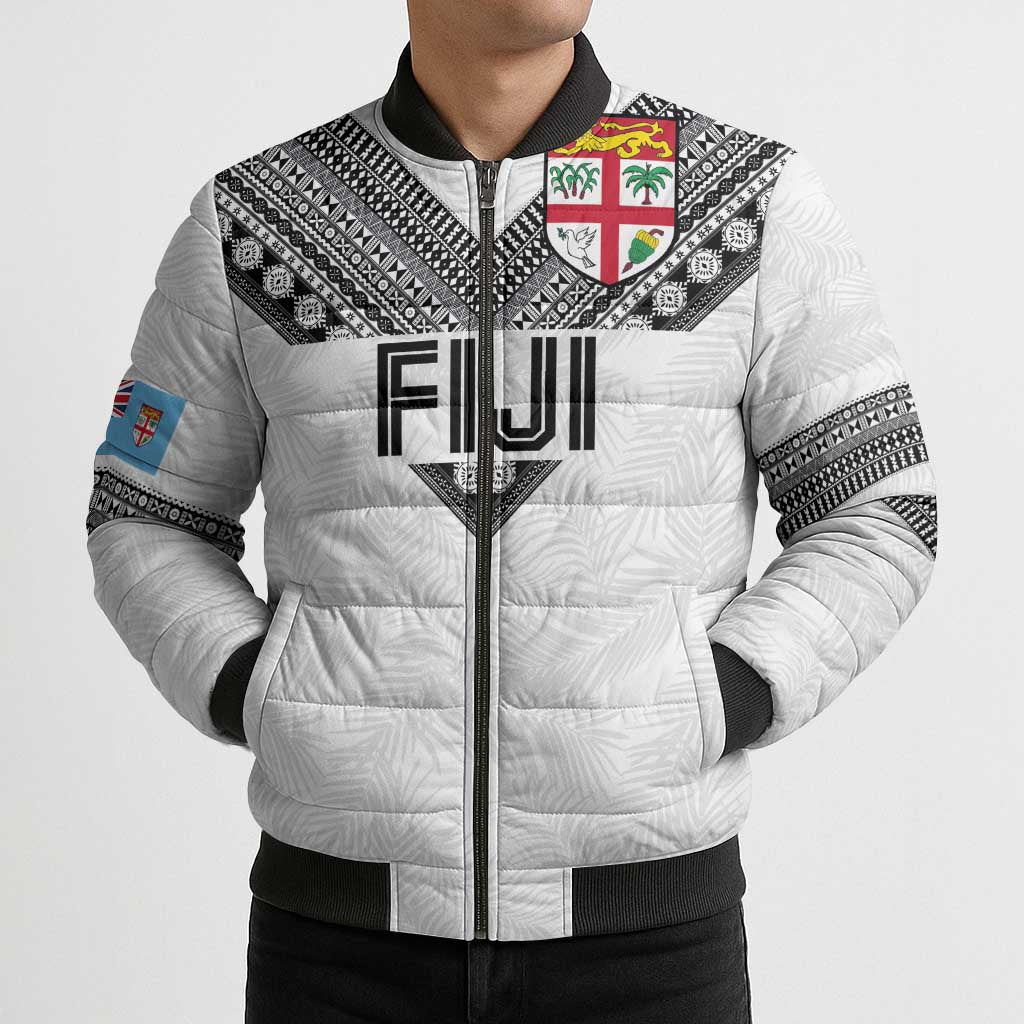 Custom Rugby Fiji Bomber Puffer Jacket Fijian Masi Tribal Sporty Style White Color LT03 - Polynesian Pride