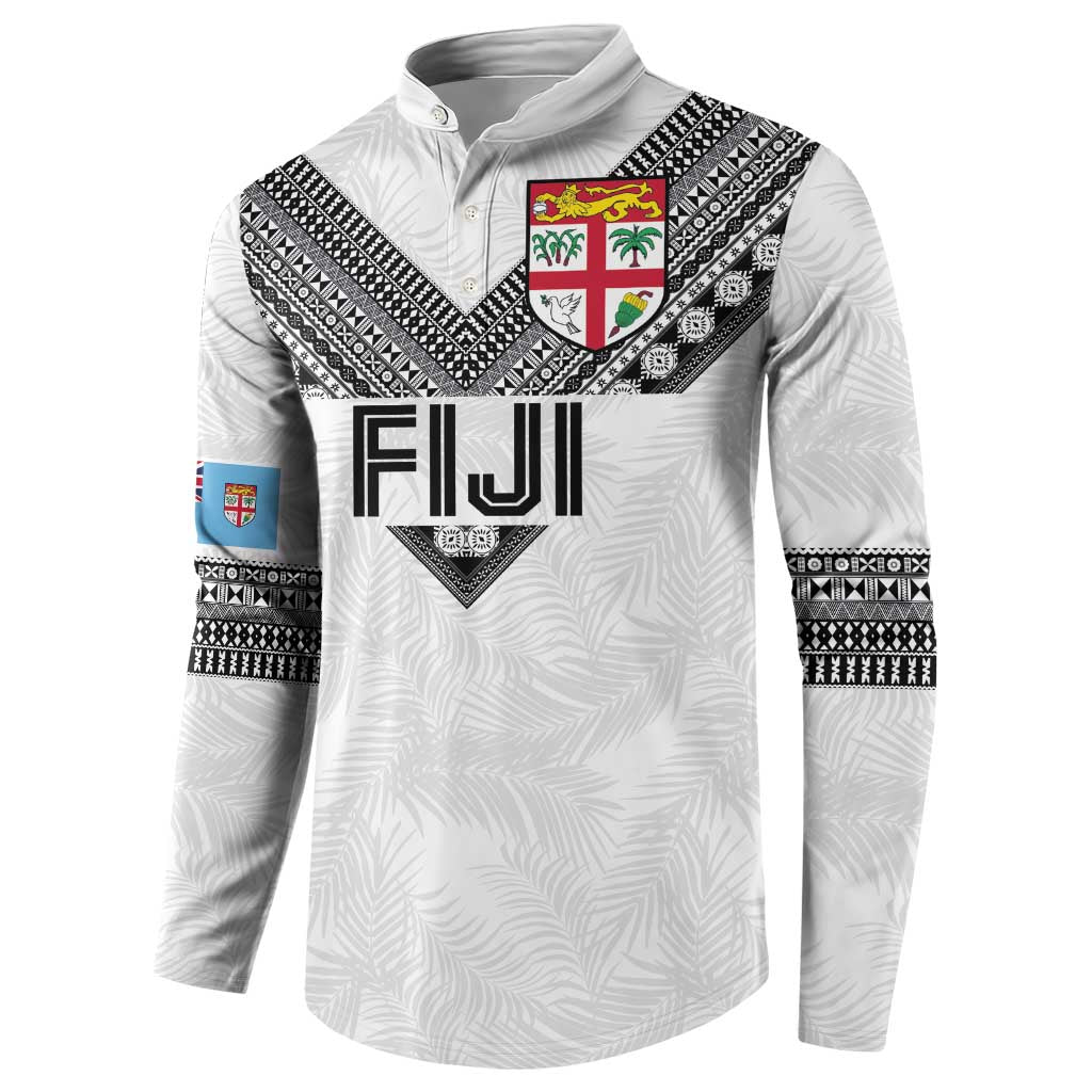 Custom Rugby Fiji Button Sweatshirt Fijian Masi Tribal Sporty Style White Color - Polynesian Pride