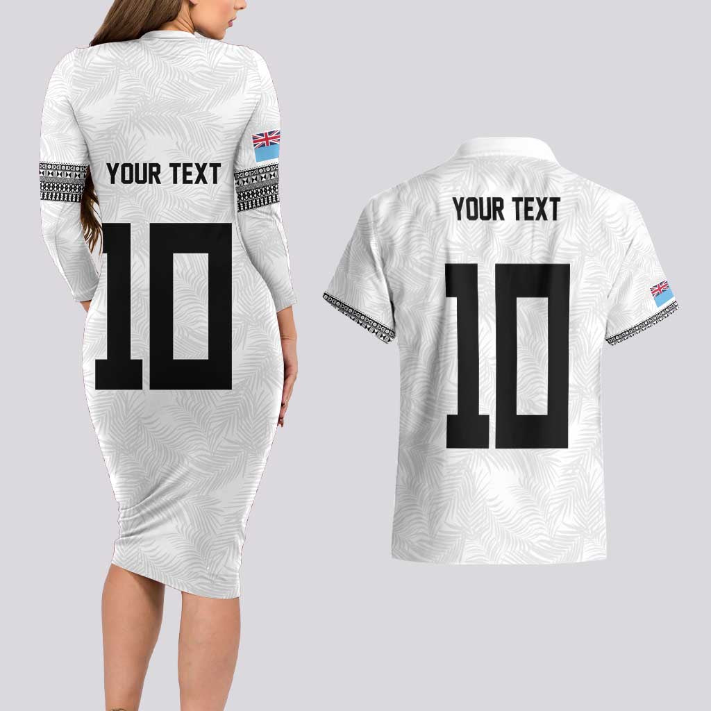 Custom Rugby Fiji Couples Matching Long Sleeve Bodycon Dress and Hawaiian Shirt Fijian Masi Tribal Sporty Style White Color LT03 - Polynesian Pride