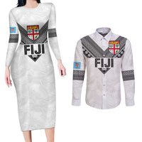 Custom Rugby Fiji Couples Matching Long Sleeve Bodycon Dress and Long Sleeve Button Shirt Fijian Masi Tribal Sporty Style White Color LT03 White - Polynesian Pride