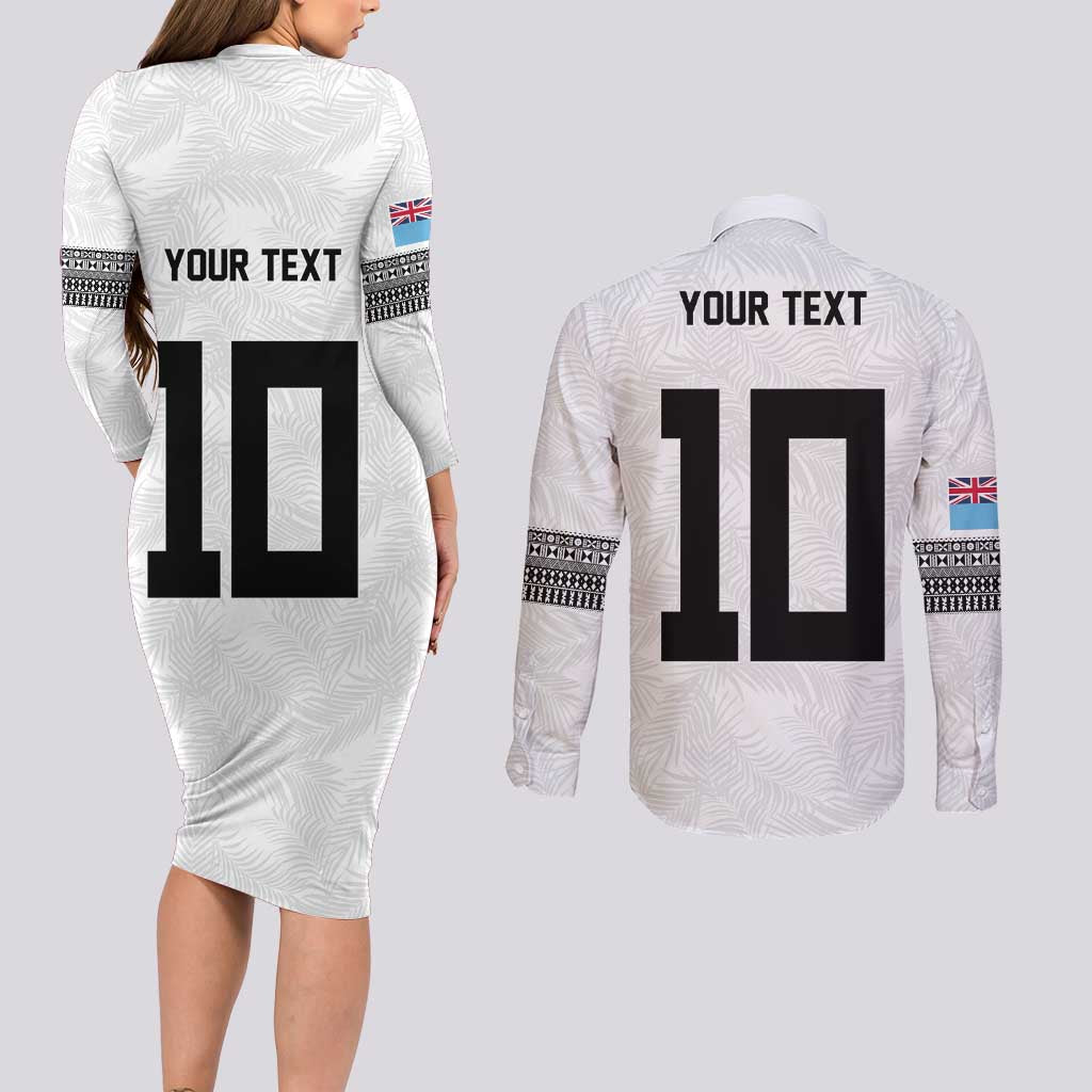 Custom Rugby Fiji Couples Matching Long Sleeve Bodycon Dress and Long Sleeve Button Shirt Fijian Masi Tribal Sporty Style White Color LT03 - Polynesian Pride
