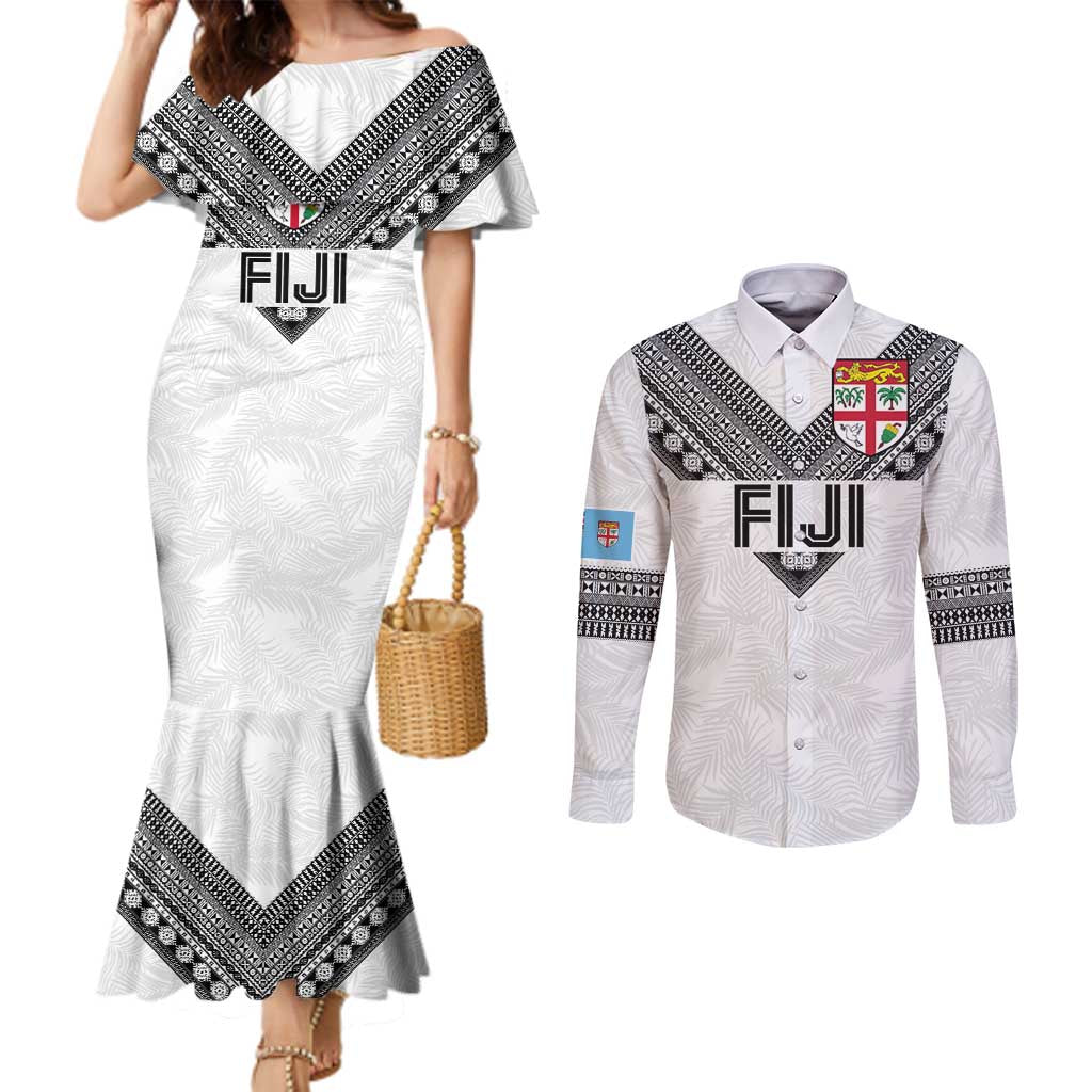 Custom Rugby Fiji Couples Matching Mermaid Dress and Long Sleeve Button Shirt Fijian Masi Tribal Sporty Style White Color LT03 White - Polynesian Pride