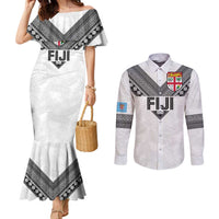Custom Rugby Fiji Couples Matching Mermaid Dress and Long Sleeve Button Shirt Fijian Masi Tribal Sporty Style White Color LT03 White - Polynesian Pride