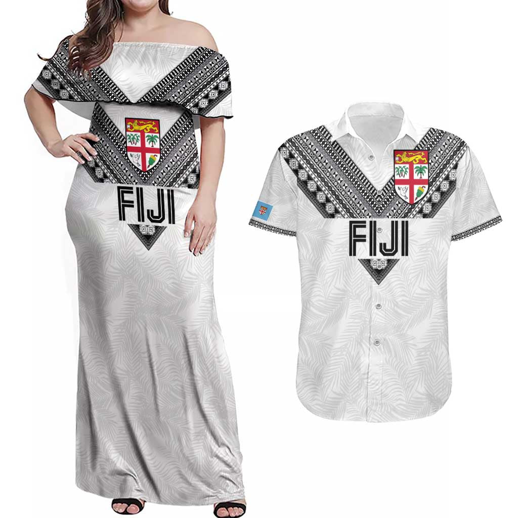Custom Rugby Fiji Couples Matching Off Shoulder Maxi Dress and Hawaiian Shirt Fijian Masi Tribal Sporty Style White Color LT03 White - Polynesian Pride