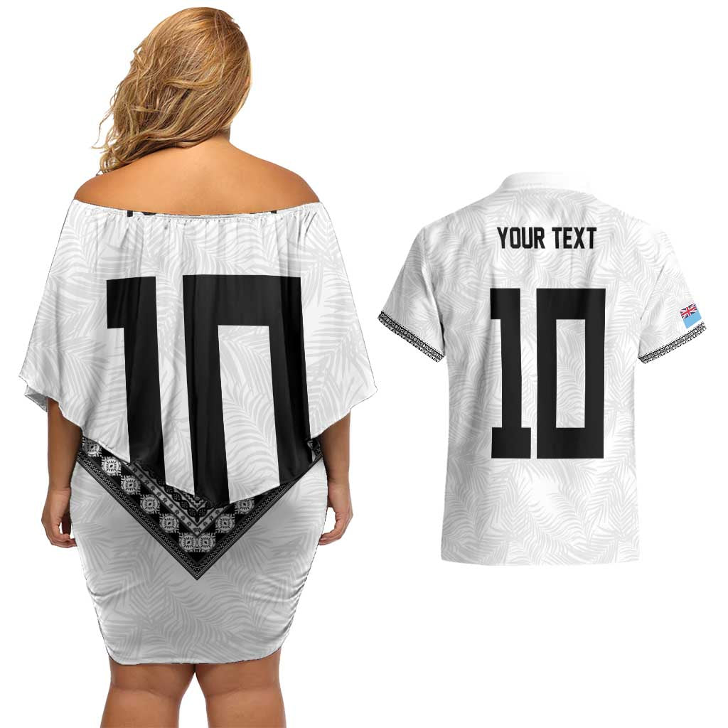 Custom Rugby Fiji Couples Matching Off Shoulder Short Dress and Hawaiian Shirt Fijian Masi Tribal Sporty Style White Color LT03 - Polynesian Pride
